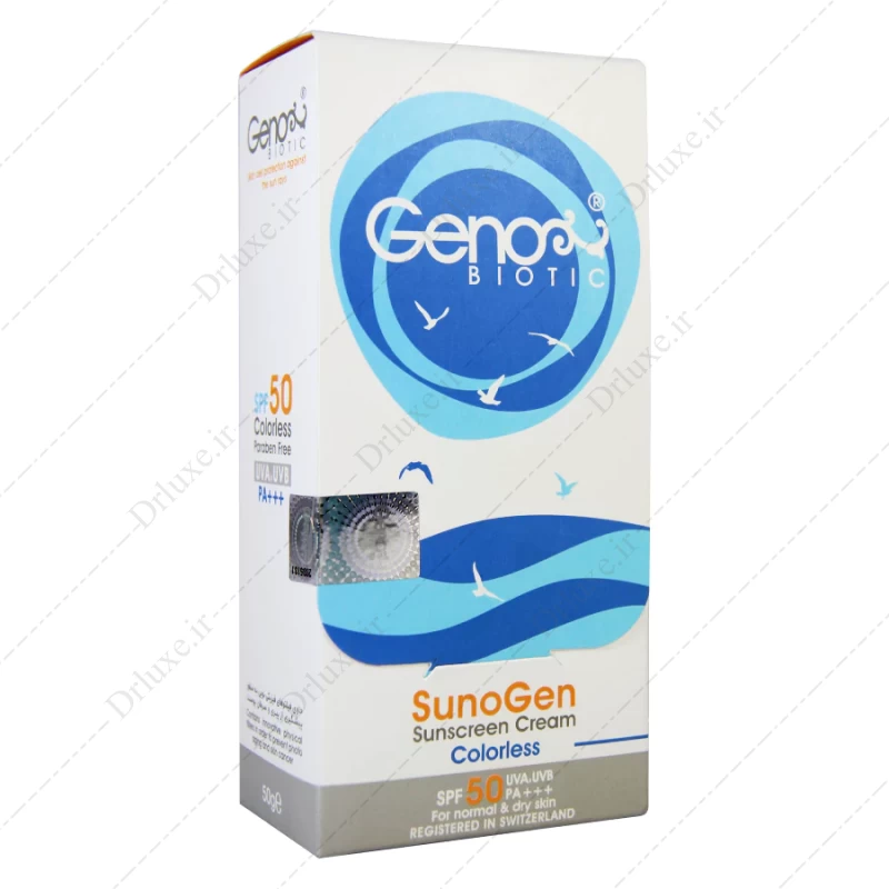 کرم ضد آفتاب SPF50 بی رنگ پوست خشک و معمولی سانوژن ژنوبایوتیک 50 گرم - دکتر لوکس