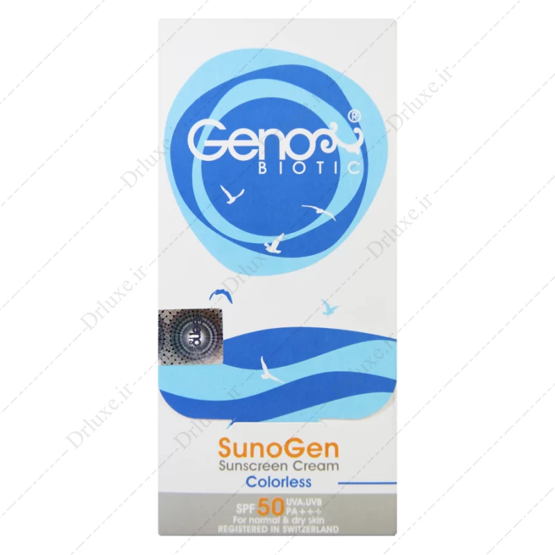 کرم ضد آفتاب SPF50 بی رنگ پوست خشک و معمولی سانوژن ژنوبایوتیک 50 گرم - دکتر لوکس